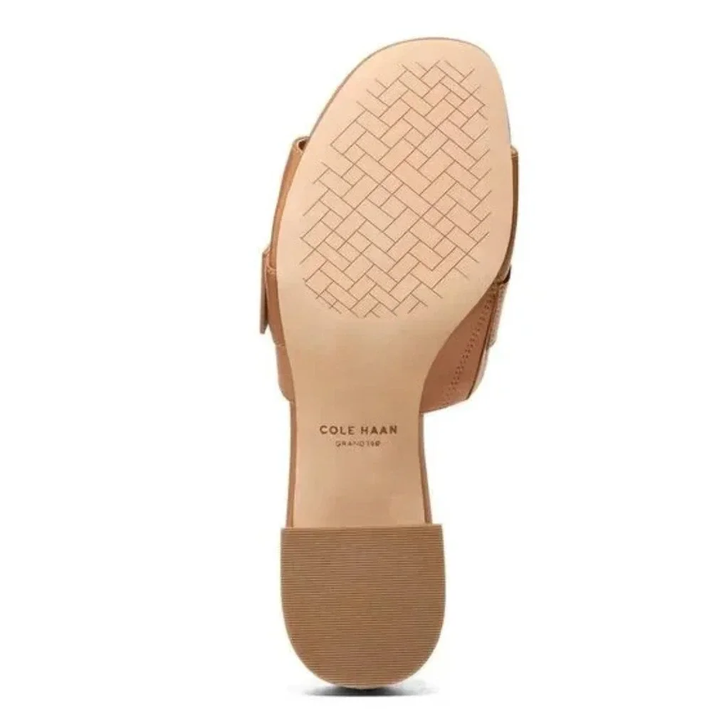 Cole Haan Crosby Slide Leather Sandal Women 10.5B‎ Tan Block Heel Gold Buckle